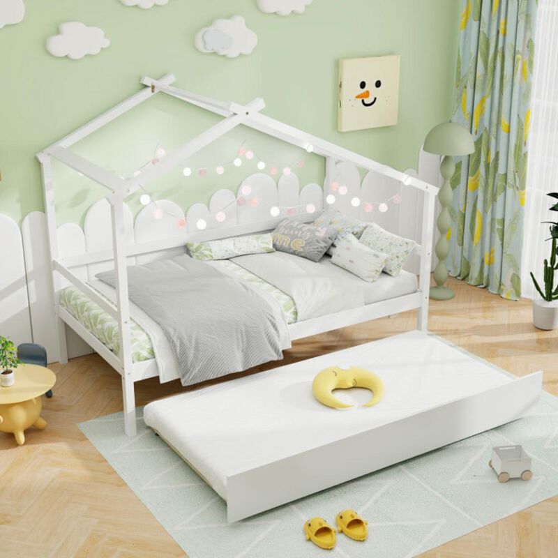Hivvago Kids Twin Size House Bed with Trundle and Roof