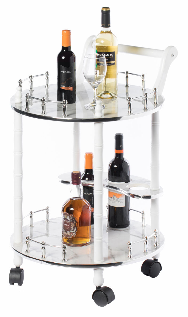 Round Wood Serving Bar Cart Tea Trolley with 2 Tier Shelves and Rolling Wheels, Silver, White and Gray