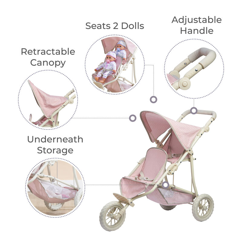 Olivia's Little World Polka Dot Princess Baby Doll Twin Jogging Stroller, Pink image number 2