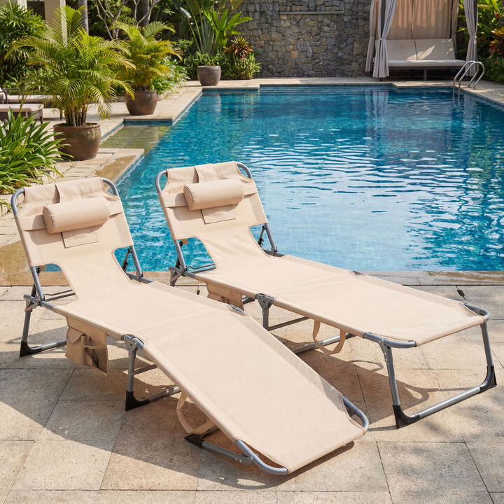 Set of 2 Folding Chaise Lounge Chairs with 4-Position Adjustable Backrest