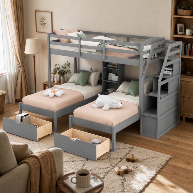 Whisen Twin over Twin Bunk Bed with Drawers, Slide & Shelves, Solid Pine for Kids Bedroom image number 1