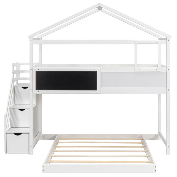 Twin over Full House Bunk Bed with Storage Staircase and Blackboard, White