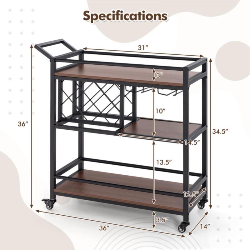 Hivvago 3-tier Bar Cart on Wheels Home Kitchen Serving Cart with Wine Rack and Glasses Holder