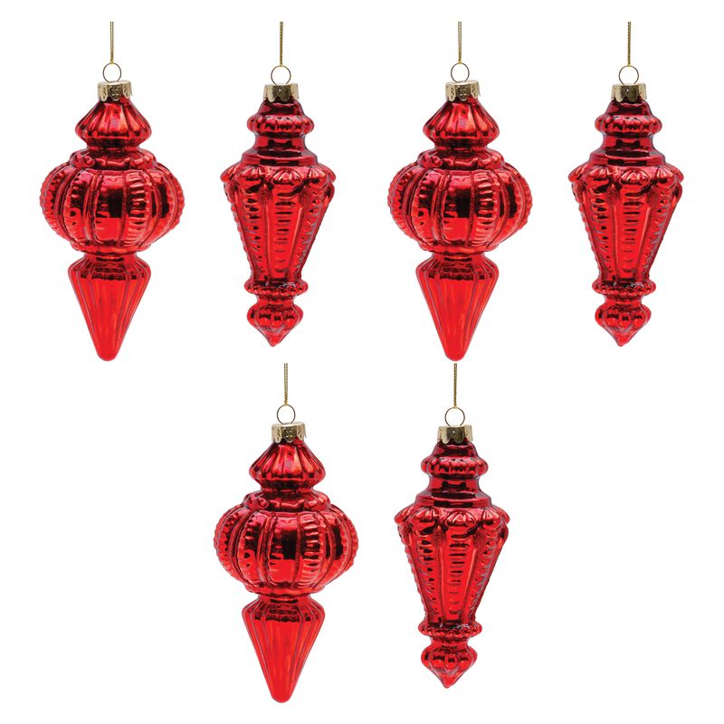 Set of 6 Ribbed Glass Finial Ornaments for Christmas Tree or Garland Decoration