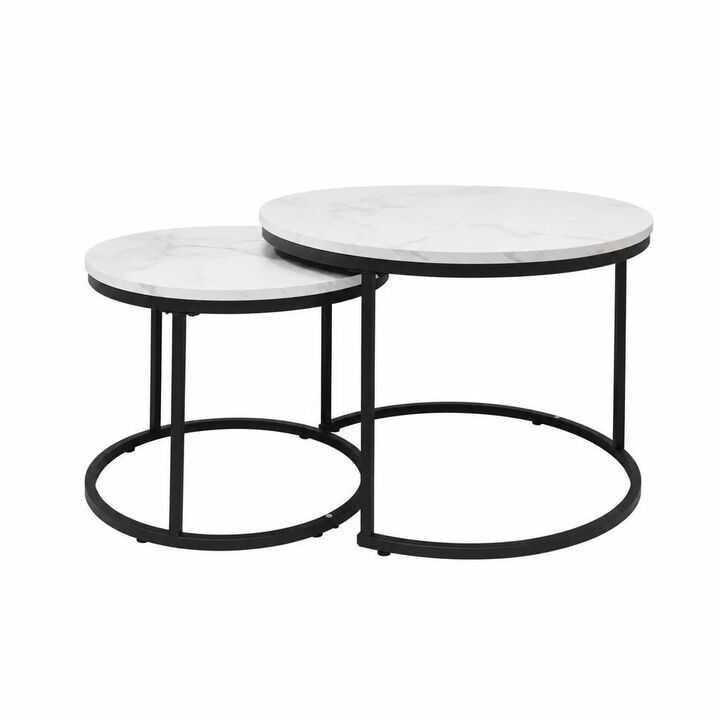 GOODSILO Round Nesting Coffee Table Set of 2, Space-Saving Stackable Side Tables with Marble Pattern Top and Sturdy Metal Frame for Living Room Bedroom Balcony
