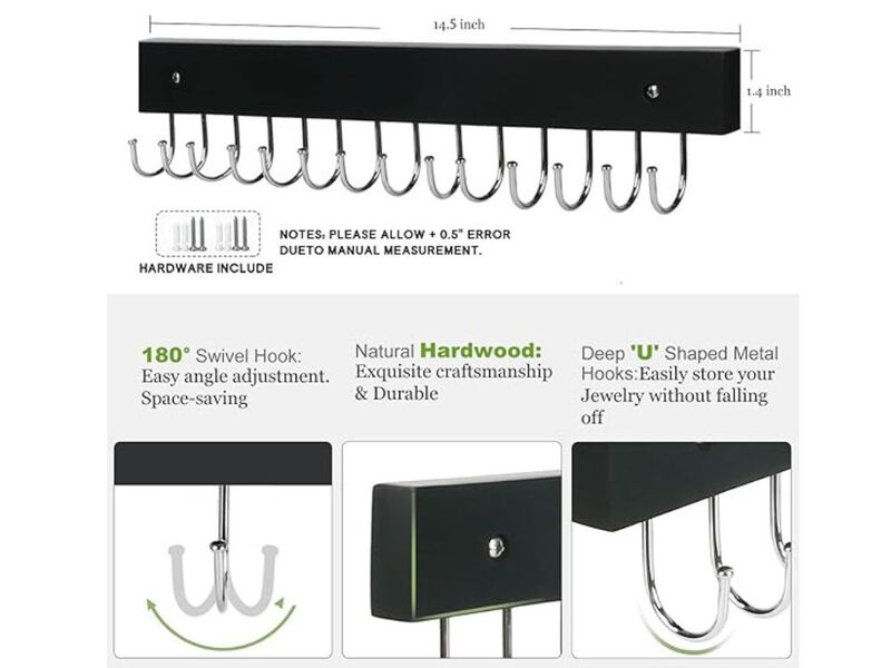 Necklace Holder Wall Mounted Jewelry Organizer - 2 Pack Wooden With 28 Hooks, Ha image number 2