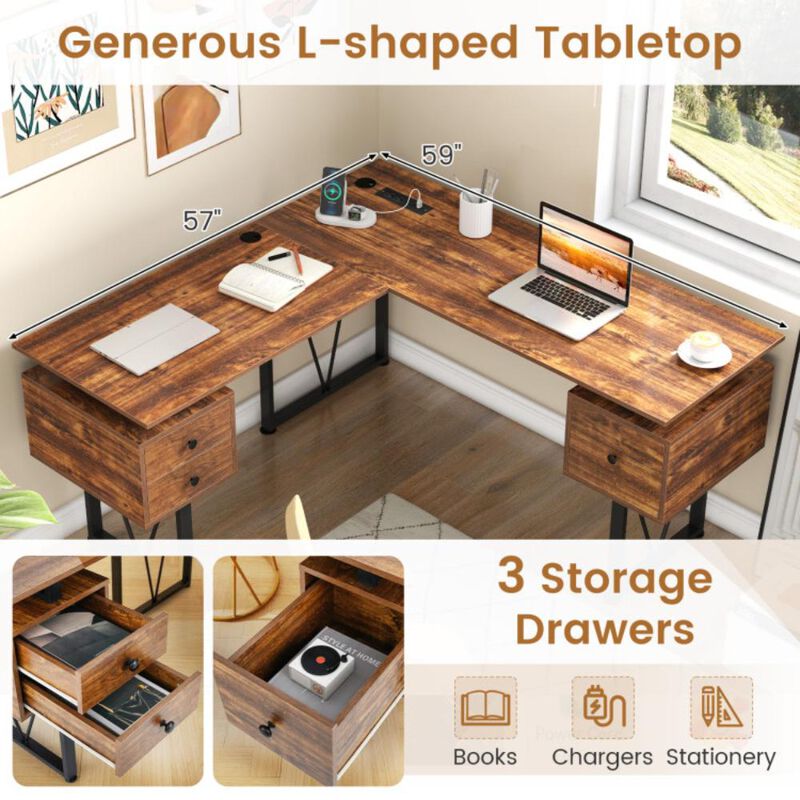 Hivvago L-shaped Computer Desk with Power Outlets and 3 Storage Drawers