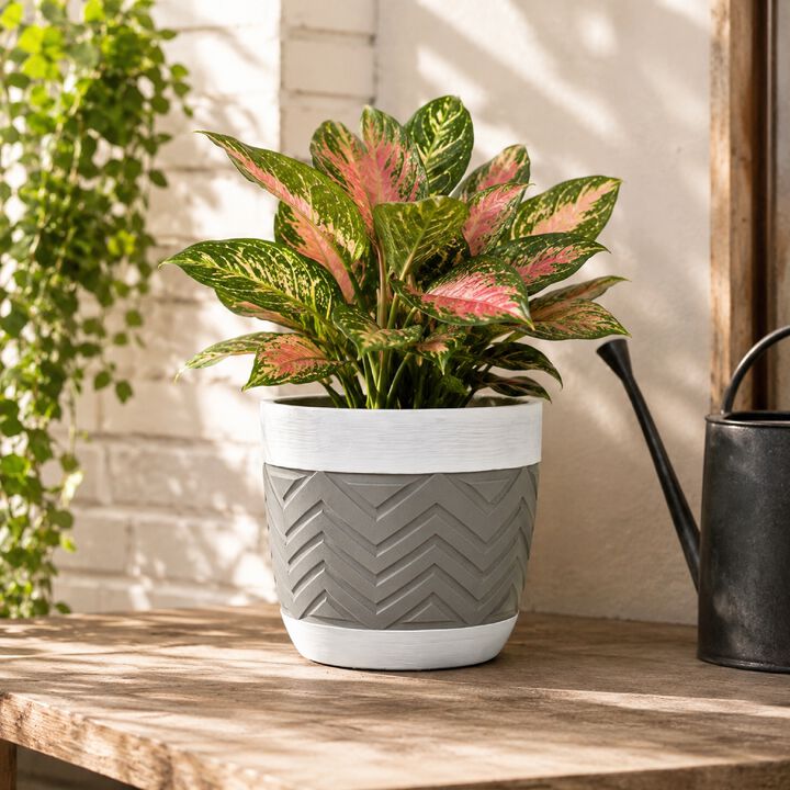 Decorative Planter, Chevron Design, Gray and White 7 Inch Terracotta