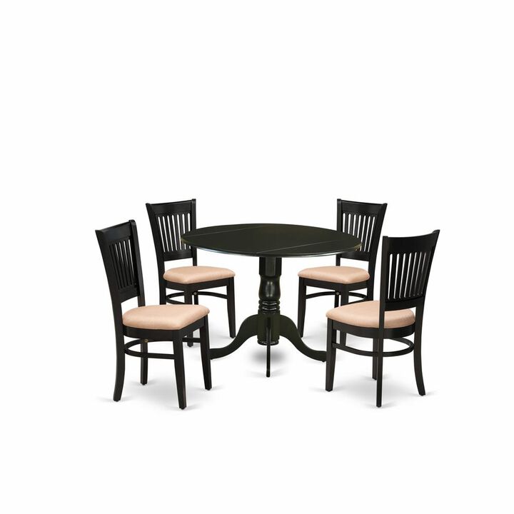 East West Furniture - DLVA5-BLK-C - 5-Pc Dining Room Table Set- 4 Wooden Chairs with Linen Fabric Seat and Slatted Chair Back - Drop Leaves Kitchen Dining Table - Black Finish