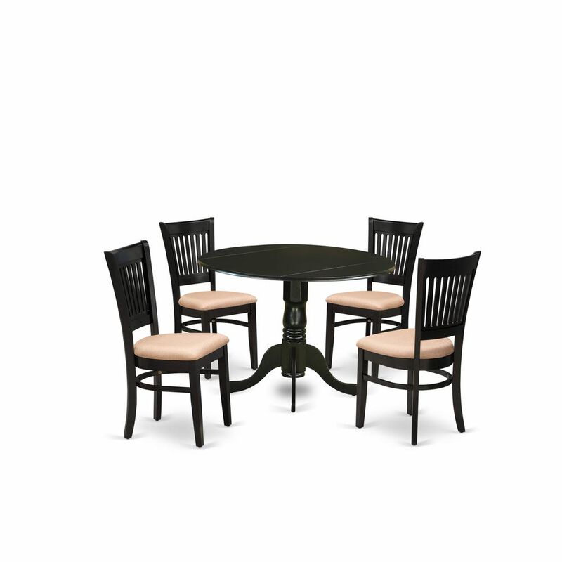 East West Furniture - DLVA5-BLK-C - 5-Pc Dining Room Table Set- 4 Wooden Chairs with Linen Fabric Seat and Slatted Chair Back - Drop Leaves Kitchen Dining Table - Black Finish