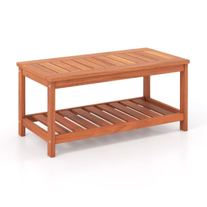Hivvago 2-Tier Patio Coffee Table with Slatted Tabletop and Shelf