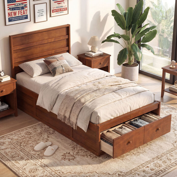 Twin Platform Bed Frame with Built-In Storage Drawers and Headboard