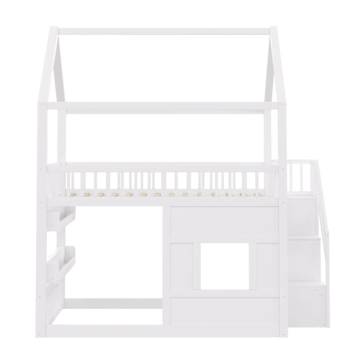 Merax Full Size White Wooden House Bed with Built-in LED Shelf Light