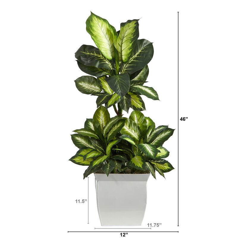 Hivvago 46" Golden Dieffenbachia Artificial Plant in White Metal Planter