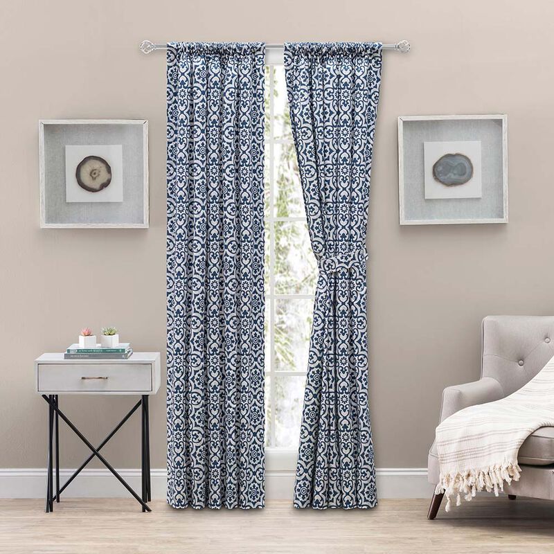 Ellis Athens Printed Tile Design on a Ground 3" Rod Pocket Premium Tailored Pairs 100"x63" Navy