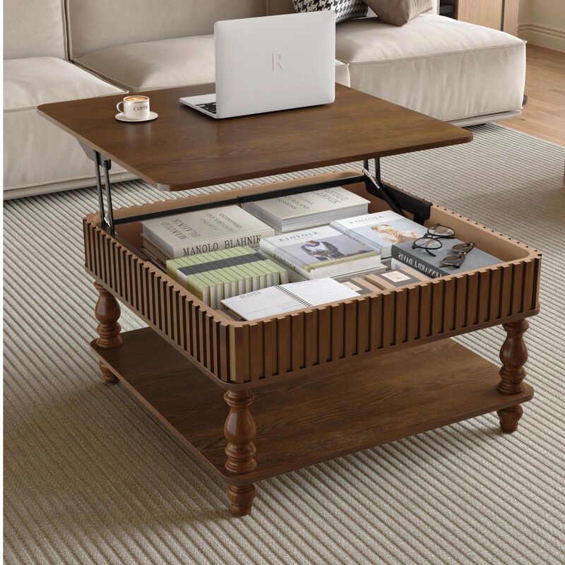31.5 Inch Modern Square Lift-Top Coffee Table with Hidden Storage Tray, Fluted Wood Design, Wooden Living Room Center Table image number 3