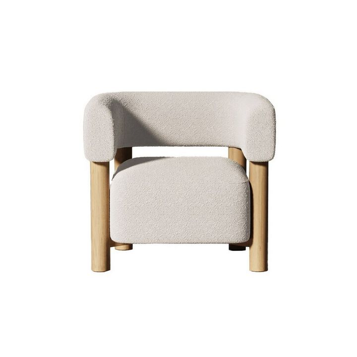 31 Inch Accent Chair, Modern Brown Wood Frame, White Fabric Upholstery - Benzara