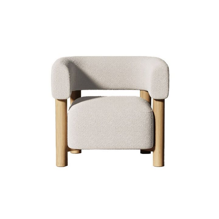 31 Inch Accent Chair, Modern Brown Wood Frame, White Fabric Upholstery