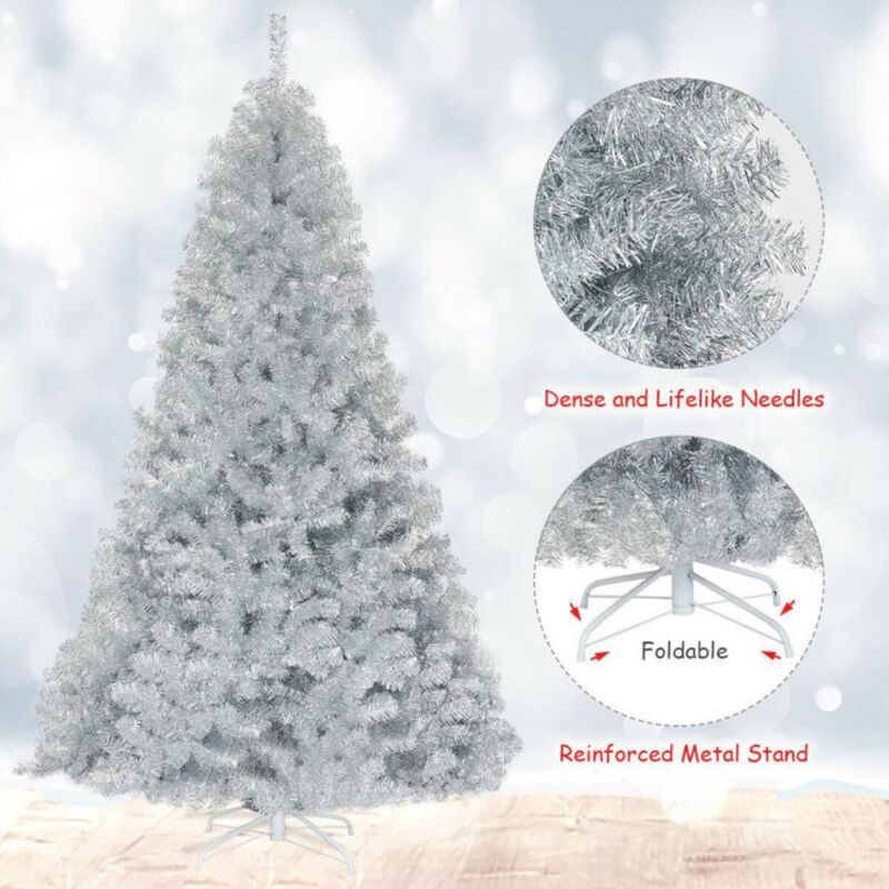 7.5 Ft Hinged Unlit Artificial Silver Tinsel Christmas Tree