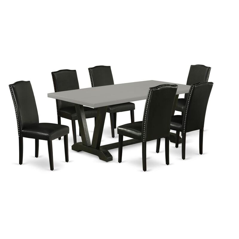 East West Furniture 7-Pc Kitchen Dining Set - 6 Kitchen Chairs and 1 Modern Rectangular Cement Dining Room Table Top with High Chair Back - Wire Brushed Black Finish