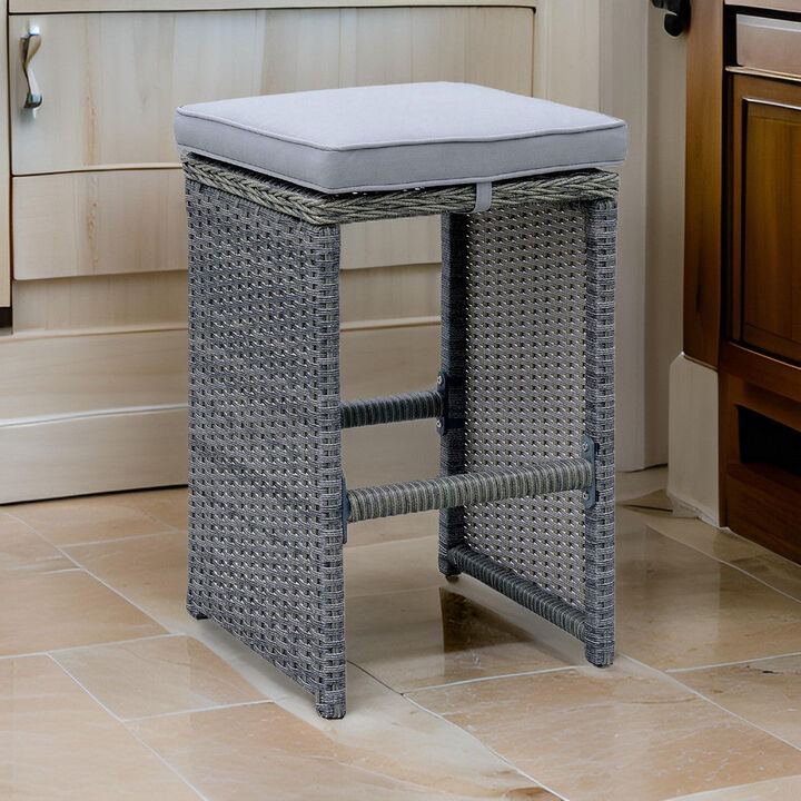 Benjara BM181095 Barstool 6 Piece Patio Bar Stool in Aluminum Wicker Frame and Padded Fabric Seat, Gray