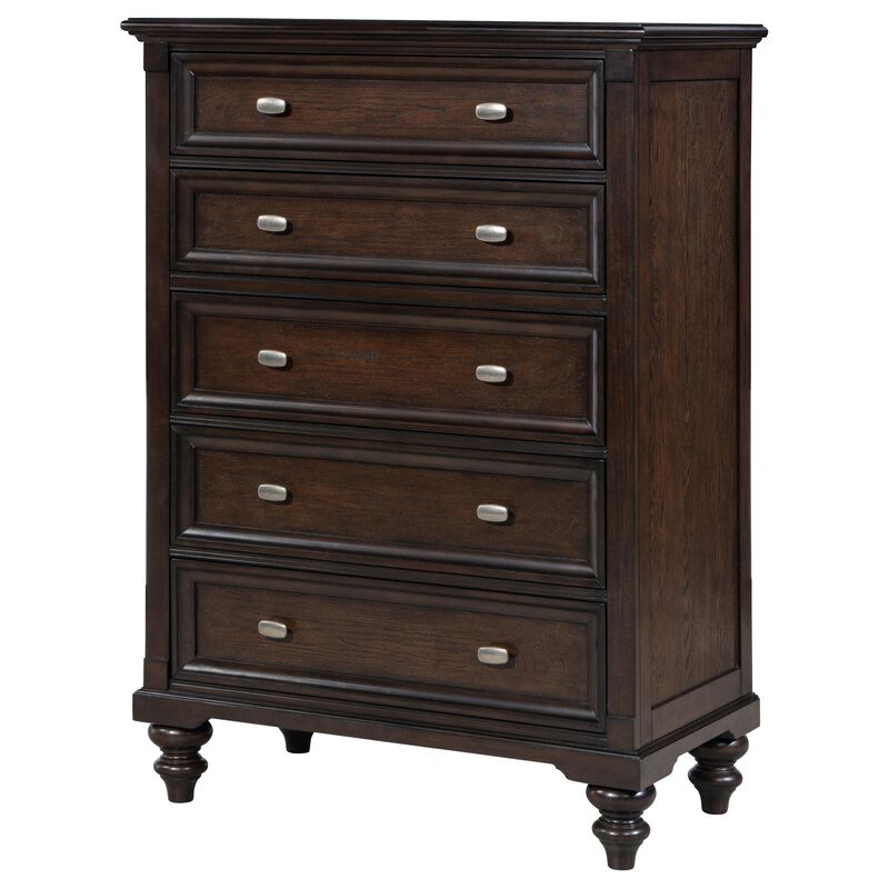 Meon Tall Dresser Chest w 5 Drawers, Carved Bun Feet, Dark Oak Brown - Benzara
