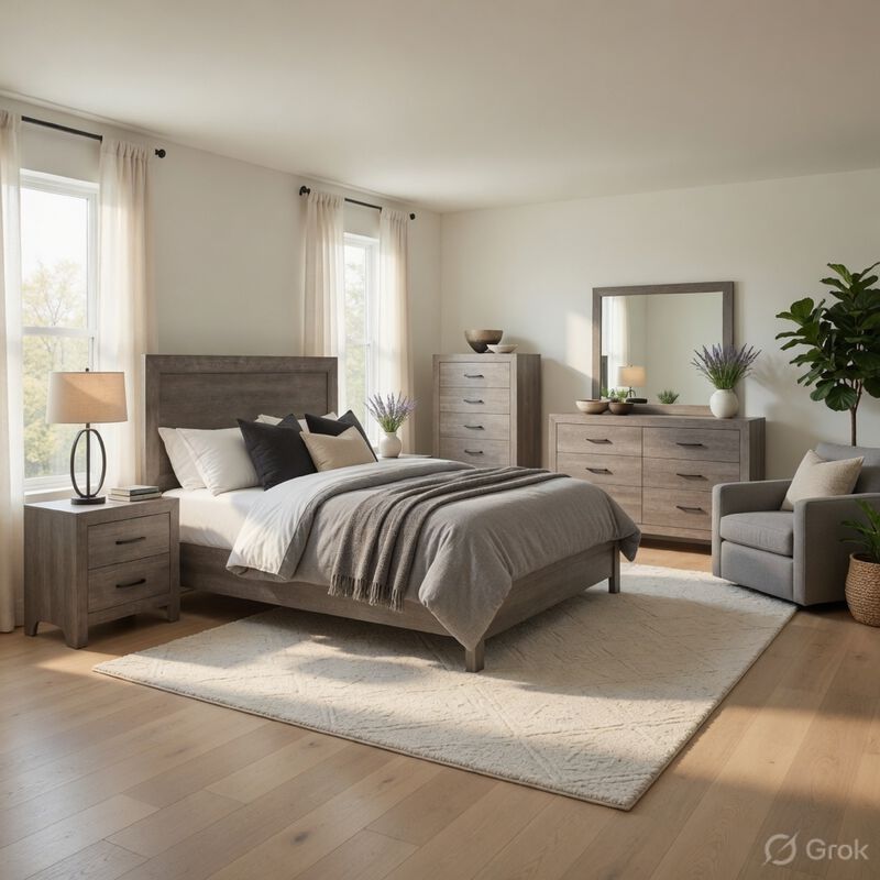 Queen Size Bedroom Set, Gray Finish, Panel Headboard, 5-Piece Set with Bed, 2 Nightstands, Dresser and Chest image number 1