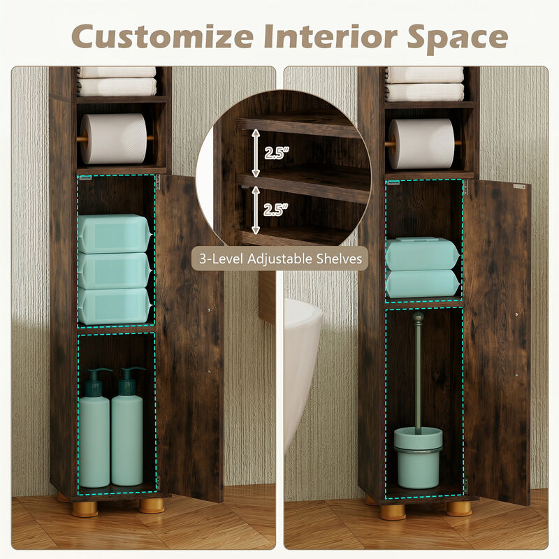 Freestanding Narrow Bathroom Cabinet with Open Shelves and Toilet Paper Holder image number 3