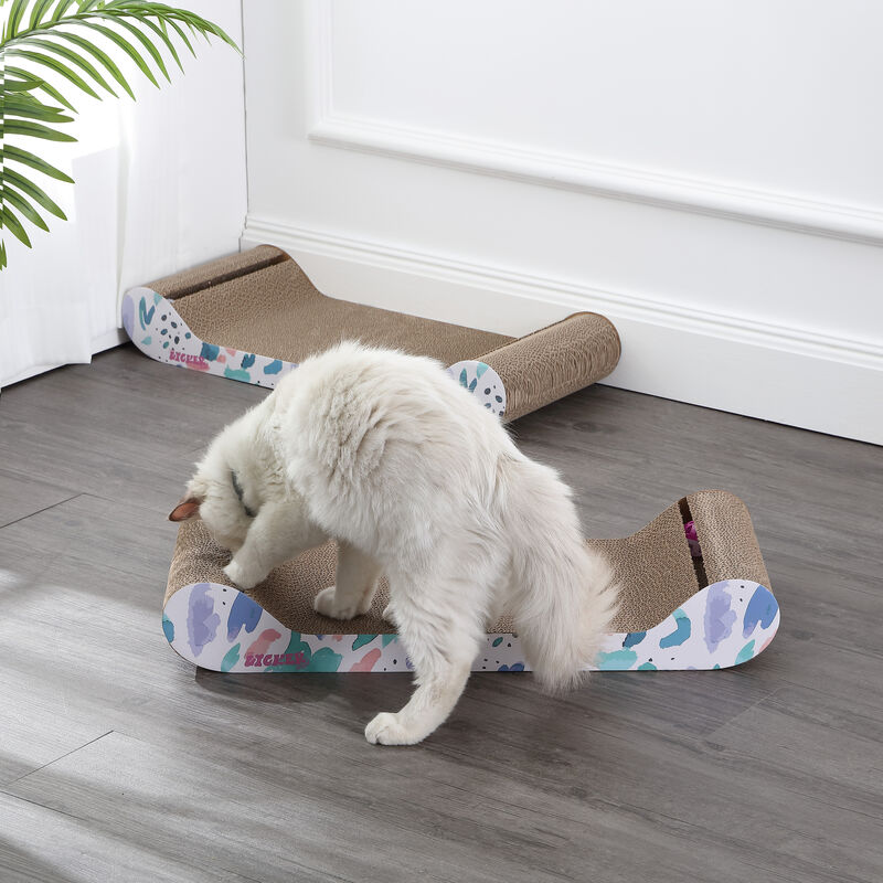 Rini 23.75" Modern Cardboard Lounge Bed Cat Scratcher with Built-In Bell Toys and Catnip, White/Multi (Set of 2)
