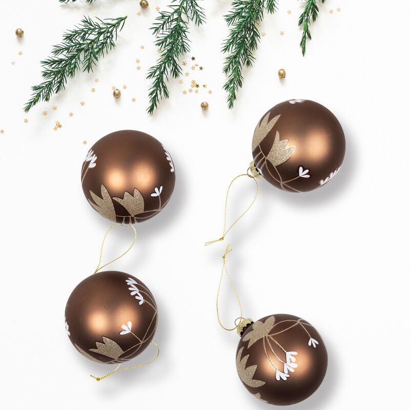 Glittered Flower Vine Glass Christmas Ball Ornaments - 3" (75mm) - Bronze - 4ct image number 8