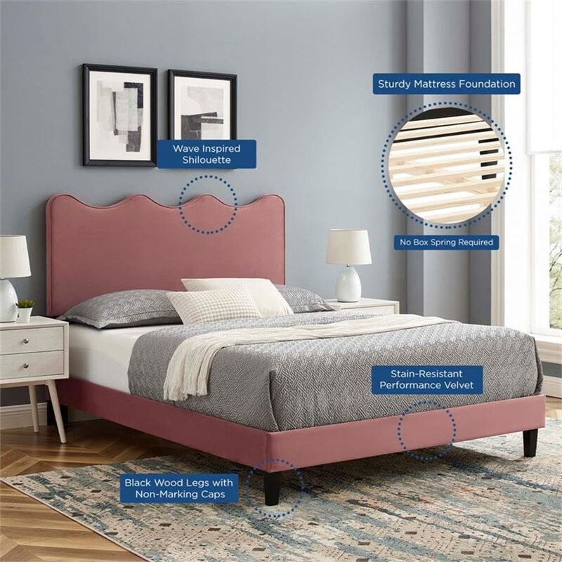 Modway Current Modern Performance Velvet Queen Platform Bed in Dusty Rose Pink image number 8