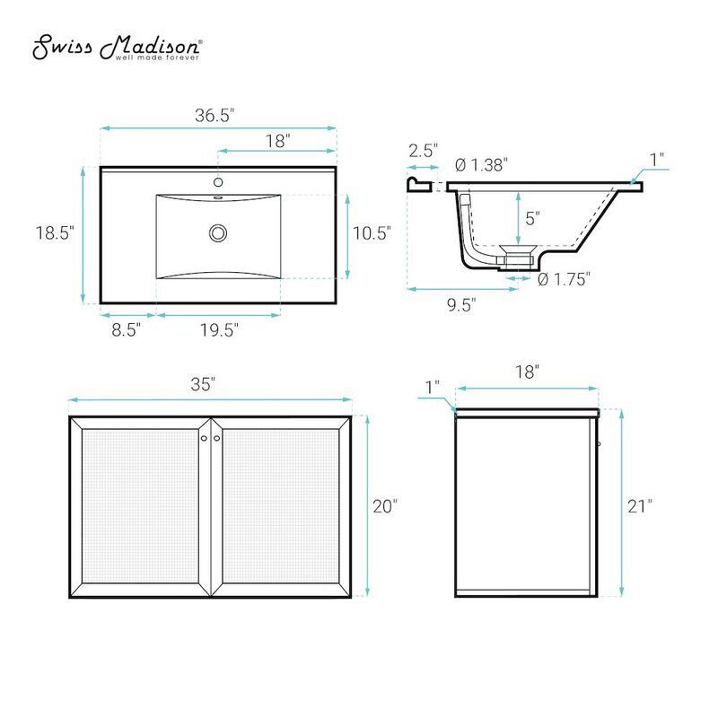 36" Wall-Mounted Bathroom Vanity in Black Oak with Single Faucet Hole Vanity Top image number 4
