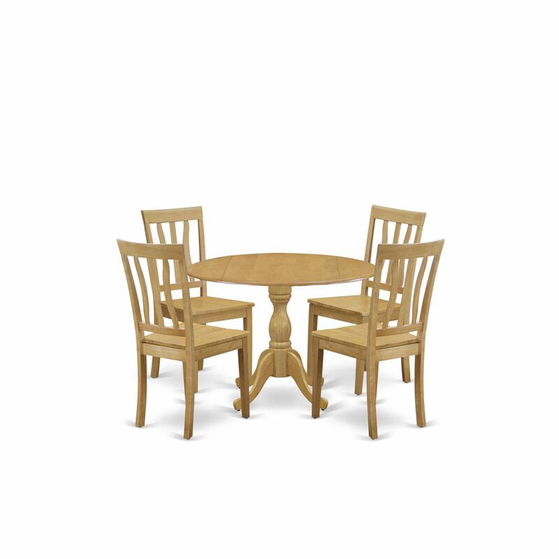 East West Furniture DMAN5-OAK-W 5 Pc Dining Room Table Set - Oak Dropleaf Dining Room Table and 4 Oak Wooden Dining Chairs with Slatted Back - Oak Finish