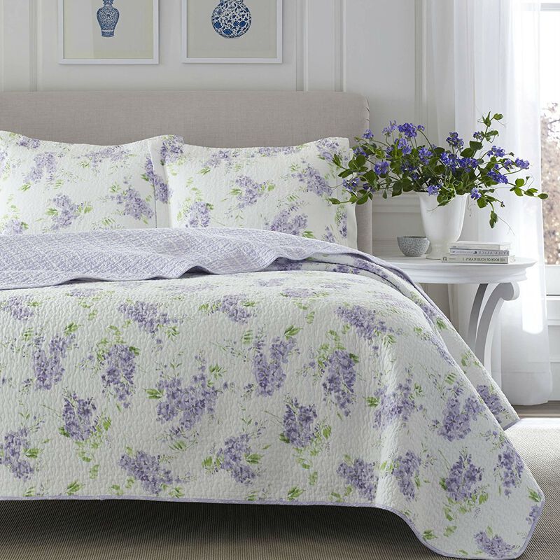 QuikFurn Full / Queen size 3-Piece Cotton Quilt Set with White Purple Floral Pattern image number 3