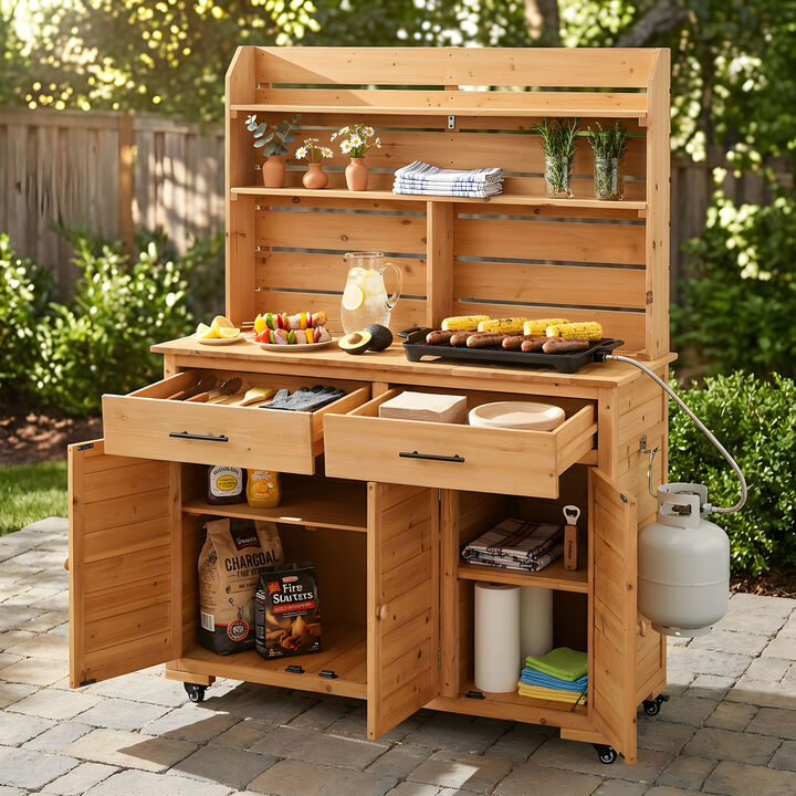 Whisen 65"H Rustic Garden Potting Table with Wheels, Lockable Storage Cabinet & Hutch Top