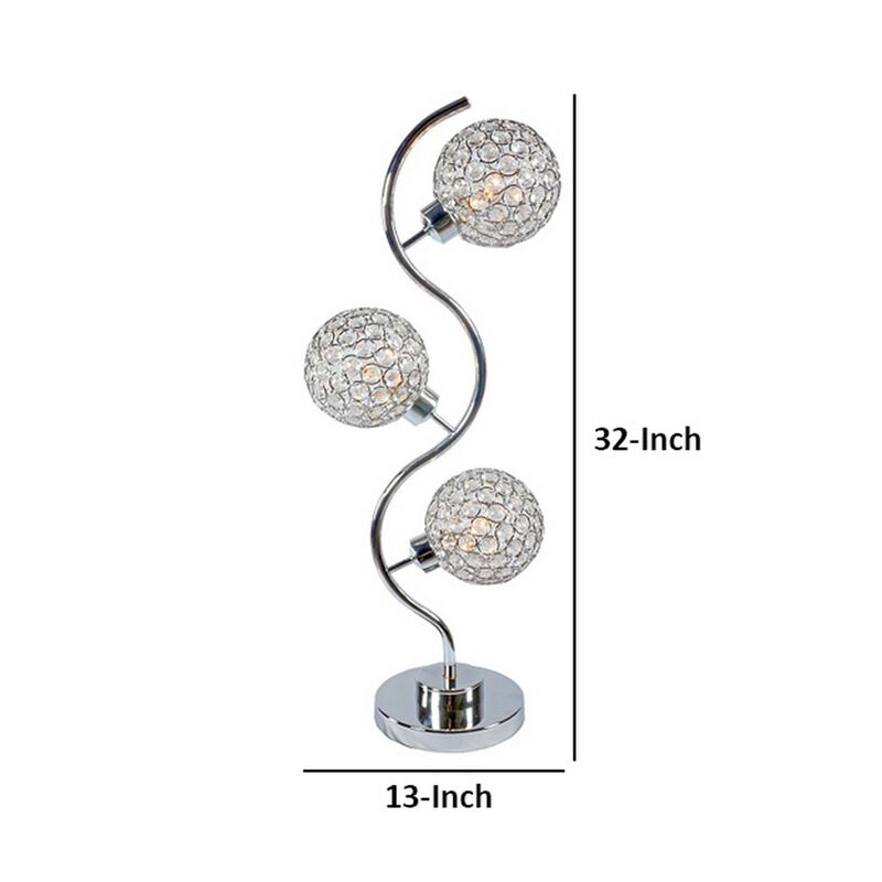 Denise 32 Inch Table Lamp, Metal Frame, Round Base Glass, Crystals, Silver - Benzara