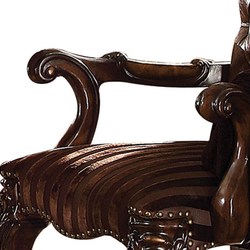 Wooden Arm Chair with Button Tufted Backrest and Carved Details, Set of 2, Brown-Benzara