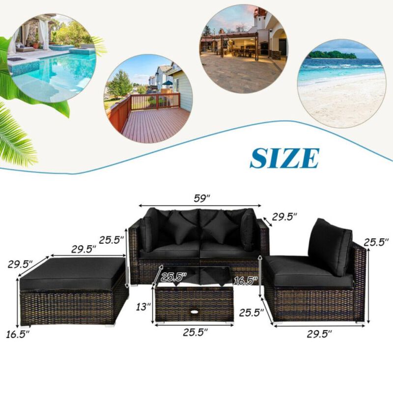 Hivvago 5 Pieces Outdoor Patio Rattan Furniture Set Sectional Conversation with Cushions