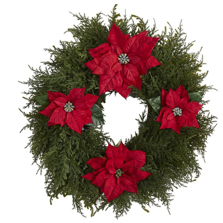 Nearly Natural 24-in Cedar and Poinsettia Artificial Wreath