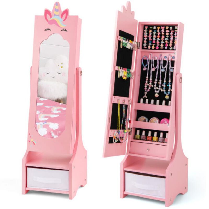 Kids Jewelry Cabinet with Full-Length Mirror for Kids Bedroom and Playroom