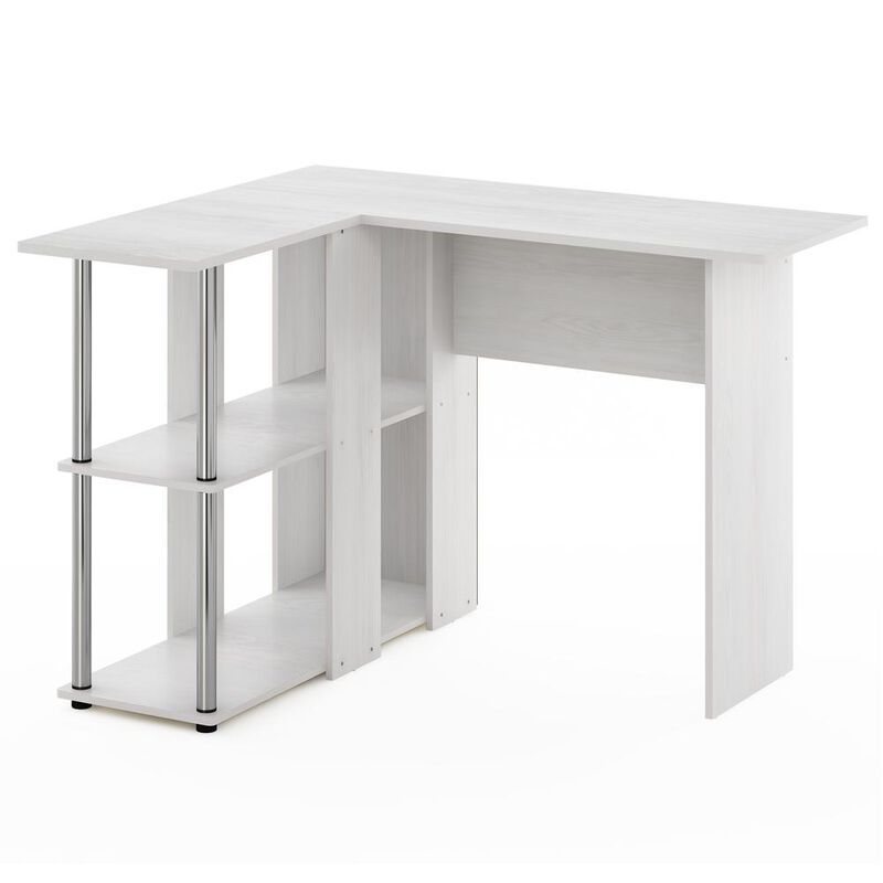 Furinno Abbott L-Shape Desk with Bookshelf, White Oak, Stainless Steel Tubes