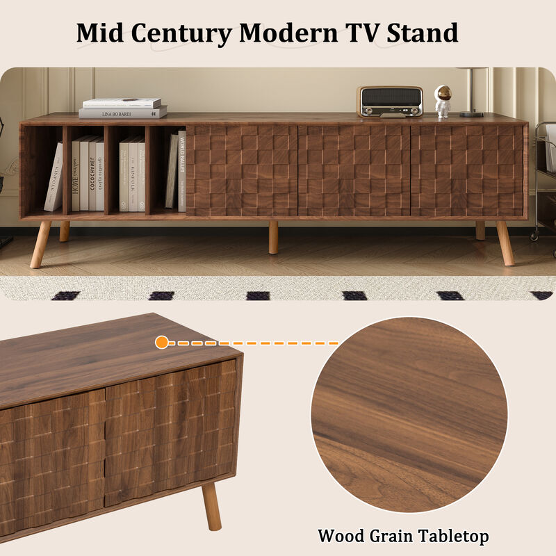 70" Mid-Century Modern TV Stand, Media Console Table for TVs up to 80'', Entertainment Center with 5 Solid Wood Legs for Living Room, Bedroom