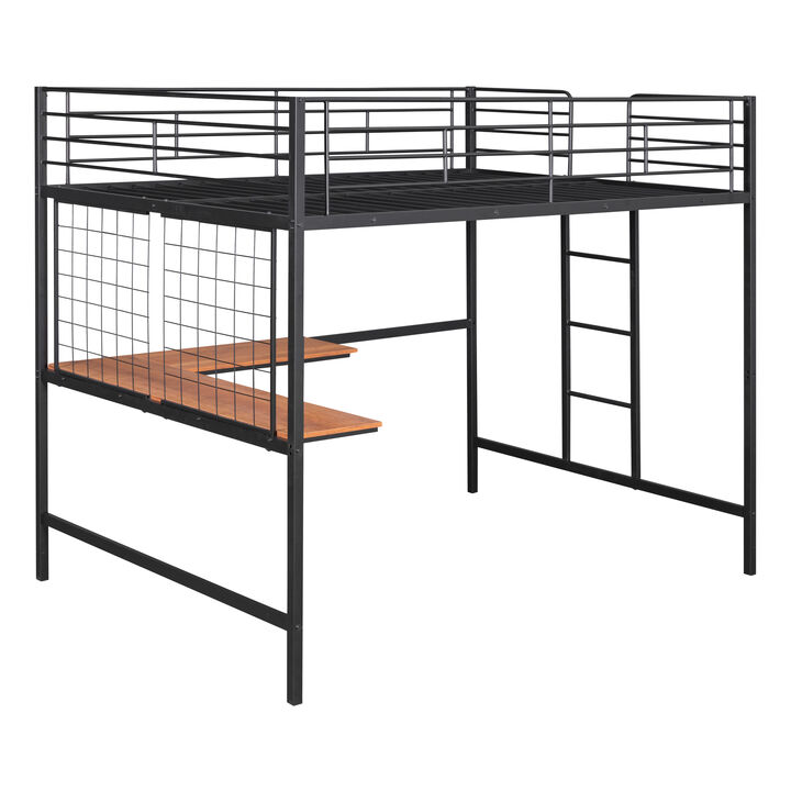 Whisen Modern Style Full Size Metal Loft Bed with Desk and Metal Grid
