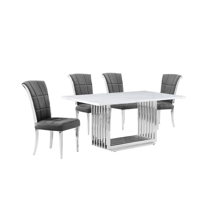 5pc Small(68") marble top dining set with silver base and 4 Dark grey chairs