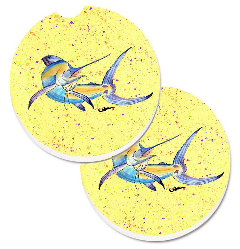 Caroline's Treasures Blue Marlin On Yellow Set of 2 Cup Holder Car Coasters 8533CARC, 2.56, Multicolor