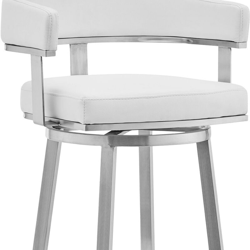 Hivvago 26 Inch White And Silver Faux Leather And Stainless Steel Low Back Counter Height Swivel Bar Chair