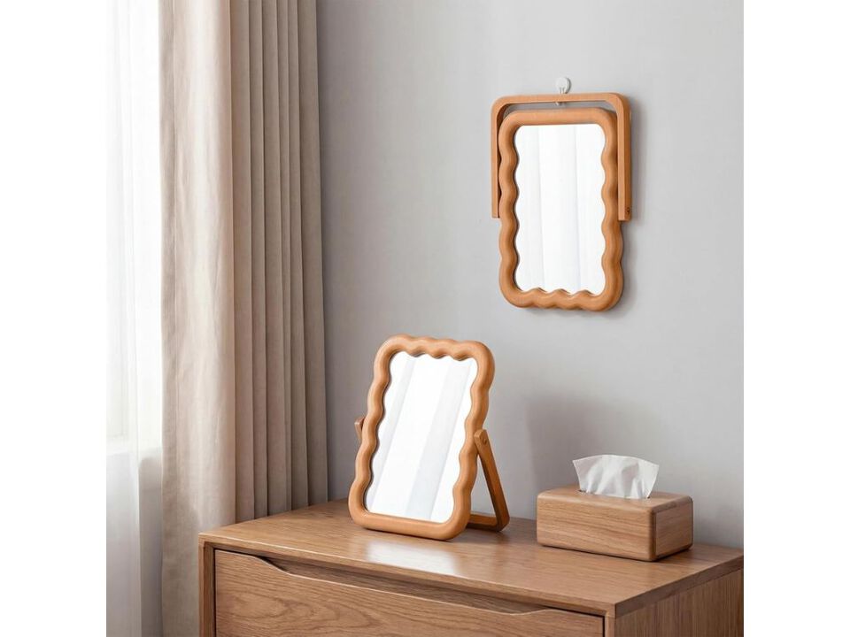 Wooden Wavy Tabletop Vanity Mirror with Stand Decorative Makeup Desk Mirror
