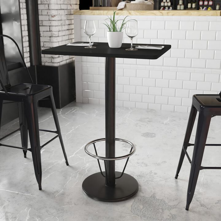 Flash Furniture 24'' x 30'' Rectangular Black Laminate Table Top with 18'' Round Bar Height Table Base and Foot Ring