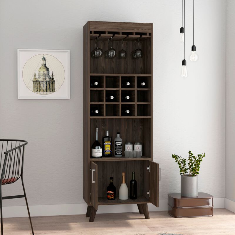 Oslo Bar Cabinet, Twelve Built-in Wine Rack, Double Door Cabinet, Two Shelves -Dark Walnut