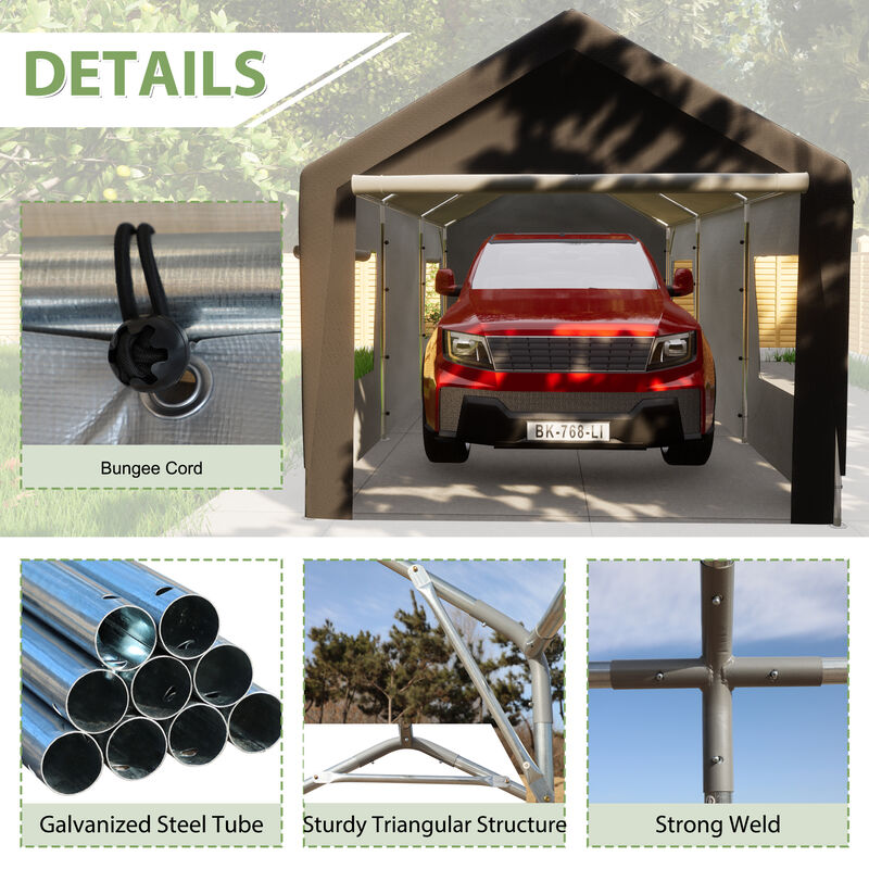 Heavy Duty Steel Canopy Tent with Roll-up Ventilated Windows, Garage Carport with Removable Sidewall & Doors